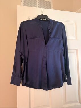 Vince Deep Navy Long-Sleeve V-Slit Mandarin Blouse